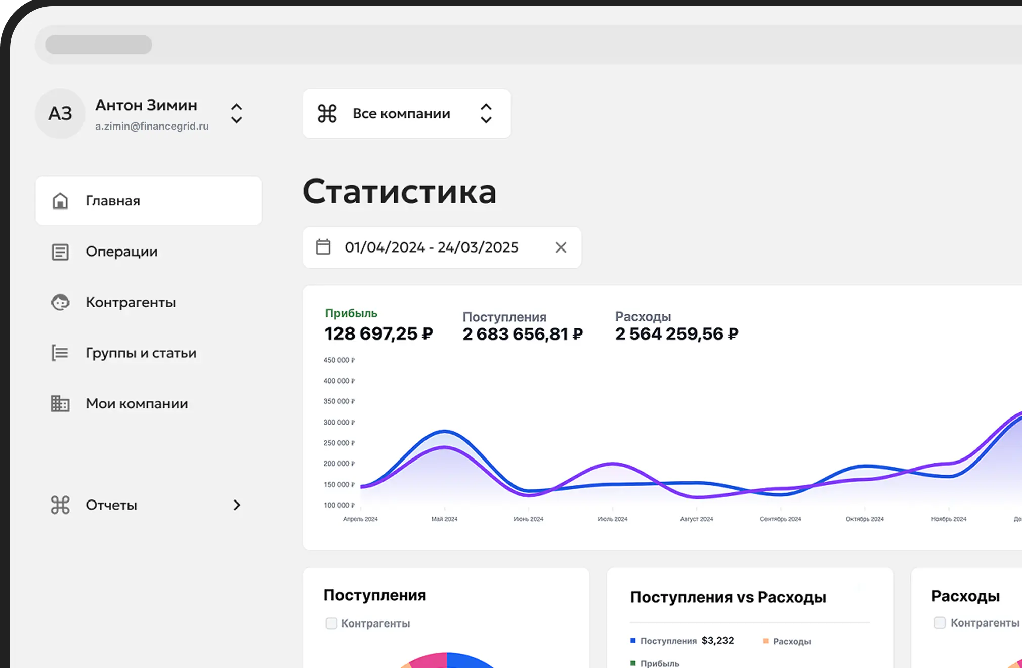 Интерфейс FinanceGrid: прибыль, поступления и расходы в одном окне