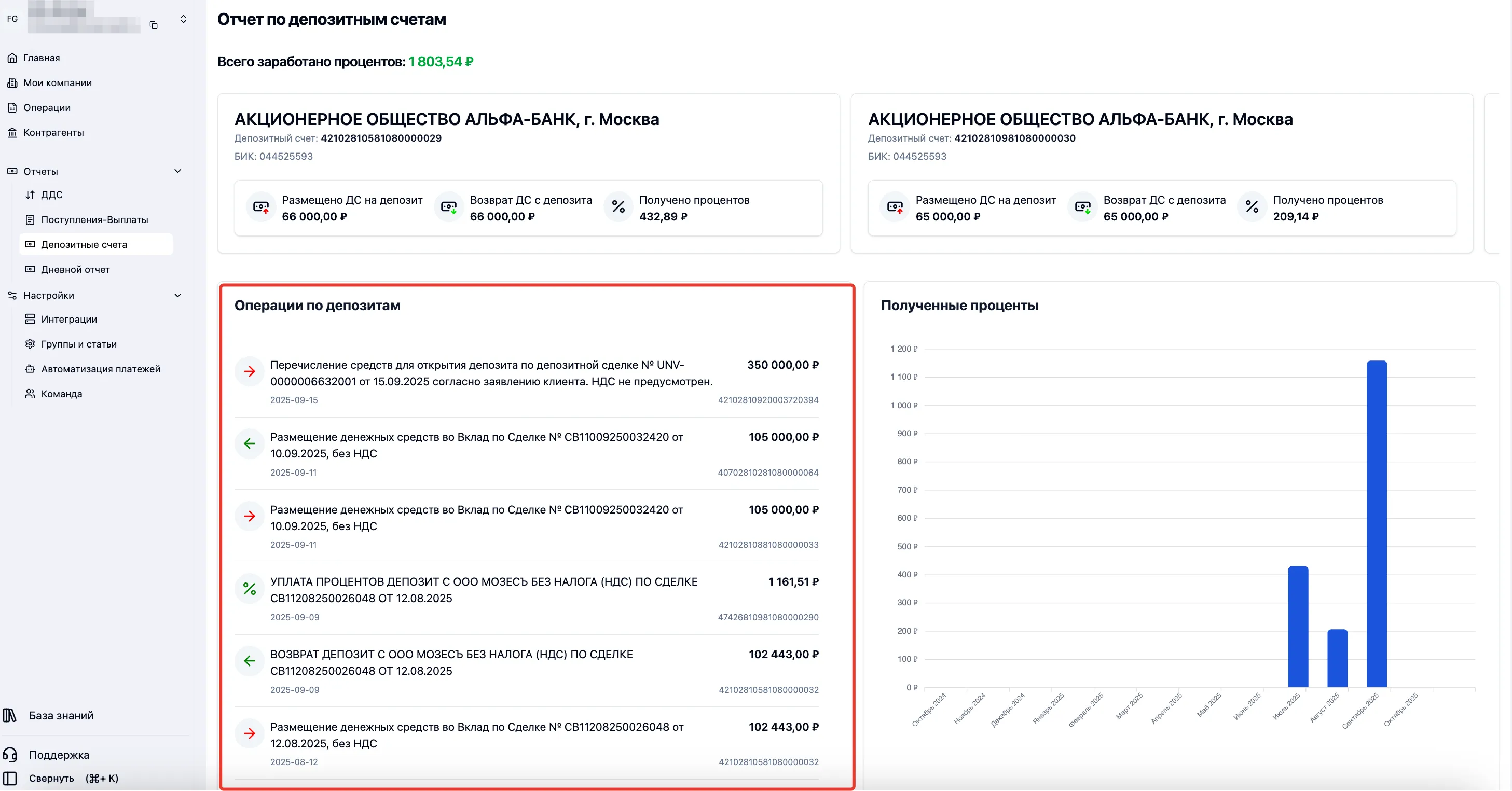 Скриншот интерфейса FinanceGrid: Депозитные счета