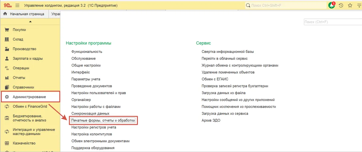 Скриншот интерфейса FinanceGrid: 1С