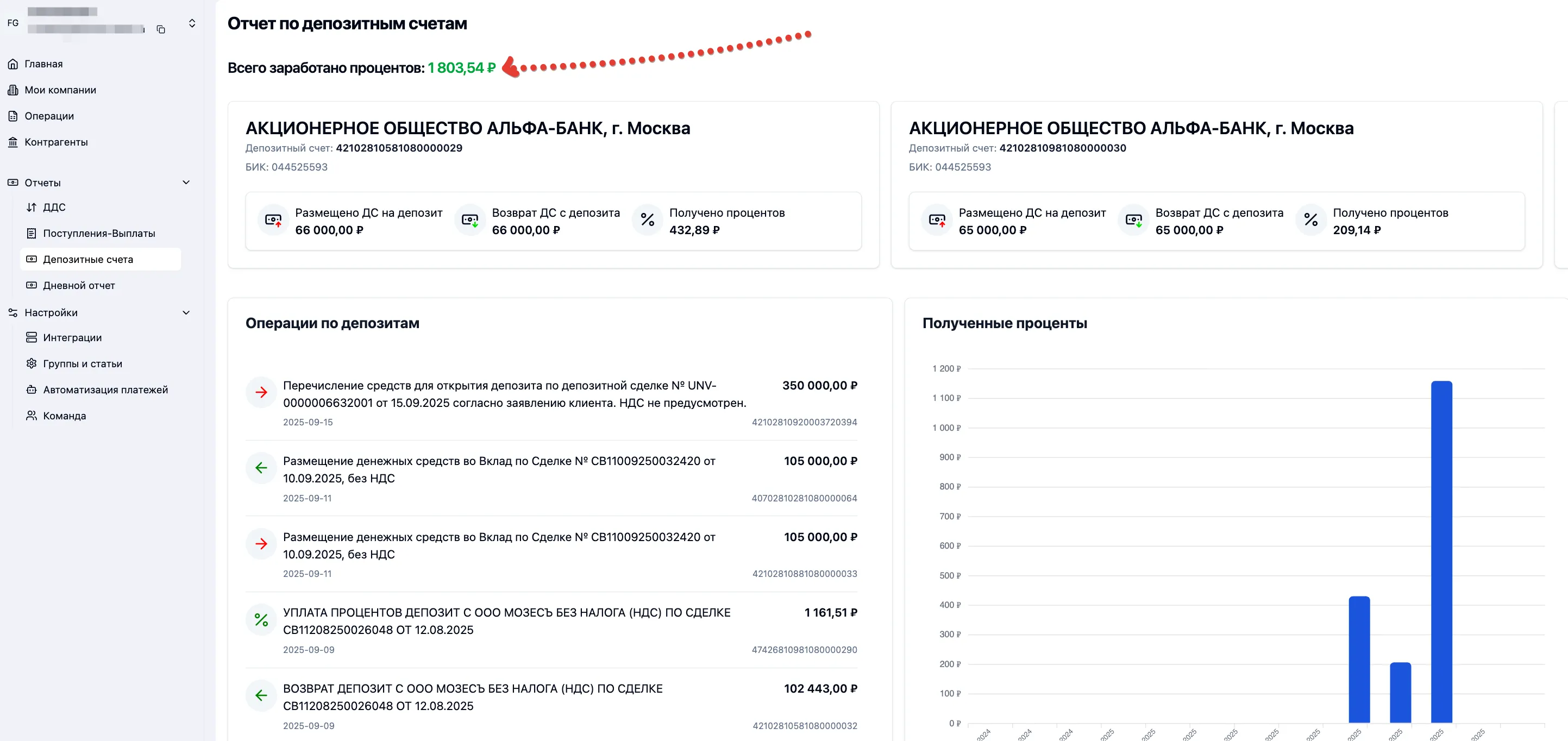 Скриншот интерфейса FinanceGrid: Депозитные счета