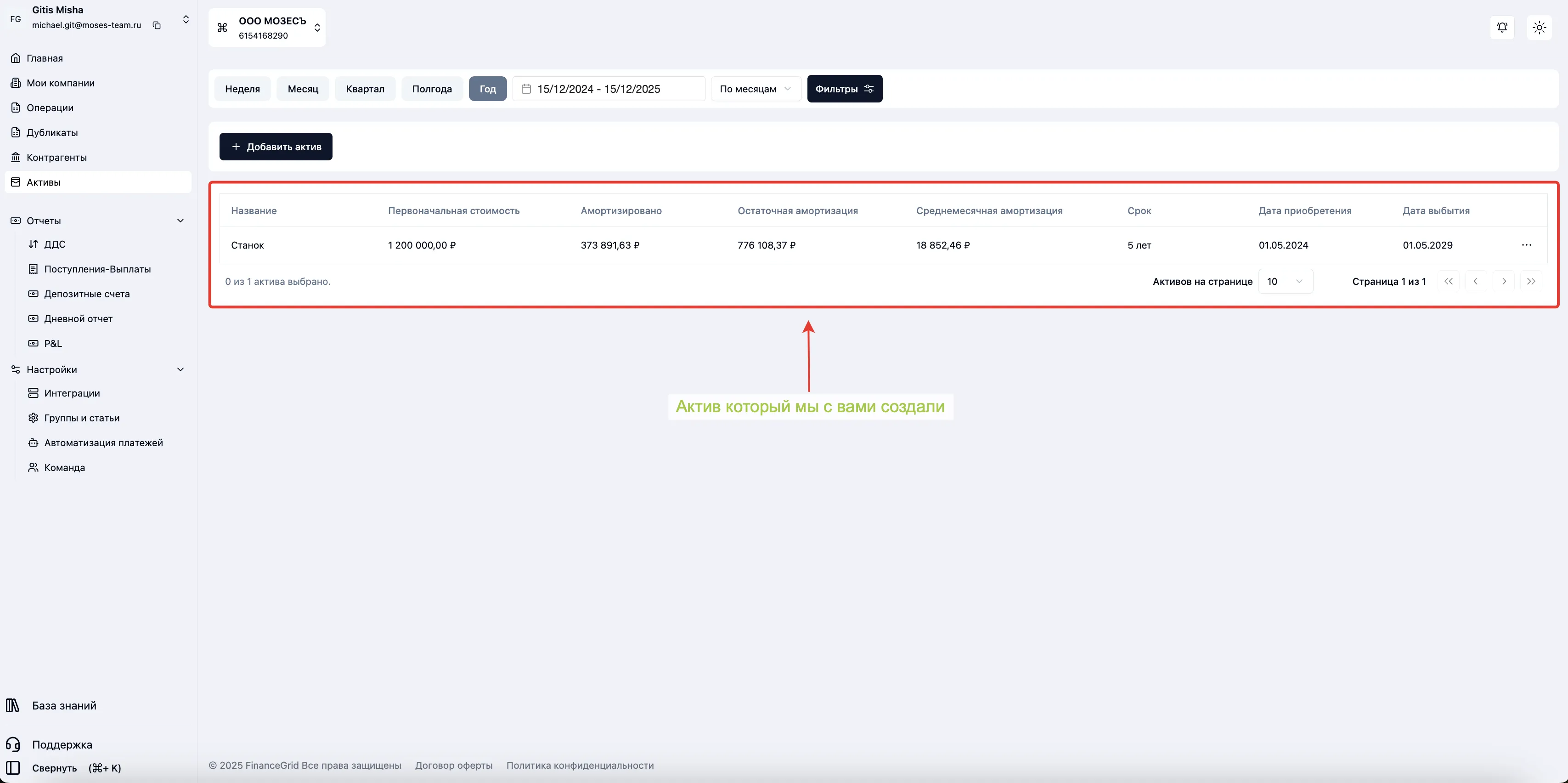 Скриншот интерфейса FinanceGrid: Активы